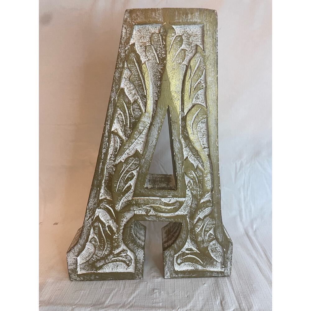 Large Solid Wooden Decorate Letter "A" Antiqued Distressed Gold White